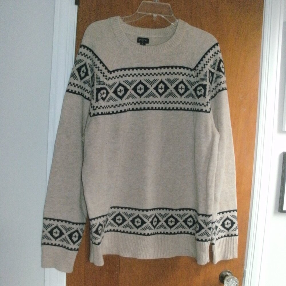 J. Crew Nordic Fair Isle Ski Beige & Black Crew Neck Lambs Wool Sweater size XL